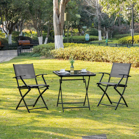 Rootz Foldable 3-piece Seating Group - Garden Table Set - Balcony Set - Balcony Furniture - 1 Table + 2 Chairs - Garden Furniture Set - Seating Set - Metal - Mesh Black + Grey - 60L x 60W x 70H cm