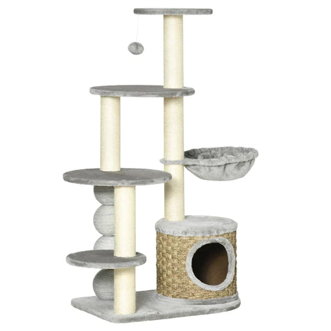 Rootz Scratching Post - Cat Climbing Tower - Cat Tree - Cat Cave - Cat Bed - With Hanging Ball - Light Grey - 60cm x 40cm x 115.5cm