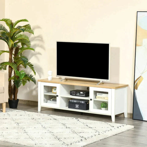 Rootz TV Lowboard - TV Stand - TV Cabinet for TVs with 2 Glass Doors Shelf - Adjustable - White + Oak - 140 X 39.5 X 50 Cm