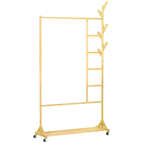 Rootz Kledingrek - Gemaakt van Bamboe - Kapstokhaken - Kledingroede - Broekrek - 1 Plank - 4 Wielen - Naturel - 100L x 37W x 191H cm