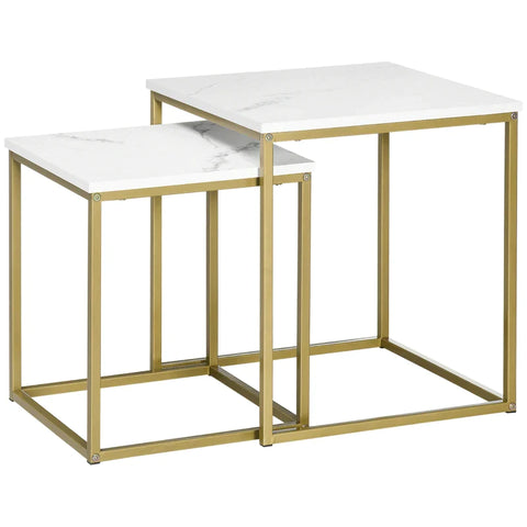 Rootz 2 Side Tables - Stackable Side Tables - Marble Look Table Top - Small Coffee Table - Wood Material - Gold + White - 45L x 45W x 50H cm