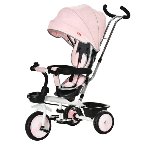 Rootz 2 In 1 Children's Tricycle - Jogger With Steering System - Rod Basket - Sun Canopy - Velvet Touch - Pink - 100 x 48 x 106 cm