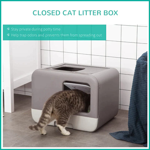 Rootz Cat Litter Box - Cat Litter Scoop - Portable Pet Scoop - With Hood 2 - Plastic - Grey -53 x 40 x 40 cm