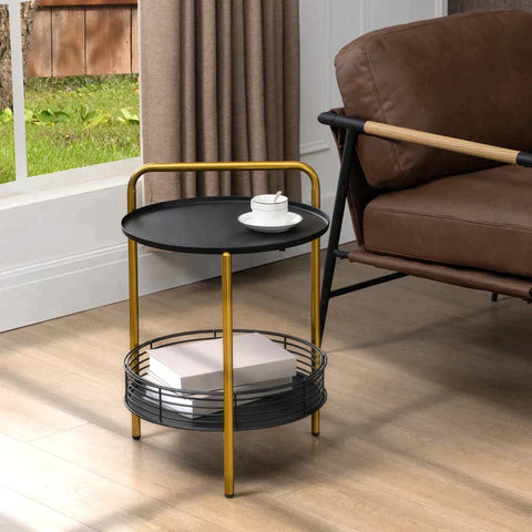 Rootz Bijzettafel - 2-in-1 Design - Industrieel Ontwerp - Dienblad + Bijzettafel 1 Plank - Staal - Goud + Zwart - 43L x 45B x 61.5H cm