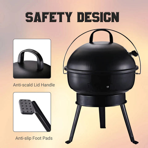 Rootz Charcoal Grill - Kettle Grill - Charcoal BBQ Grill - Windbreak Tripod Base - Camping - Picnic - Portable - Metal - Black - Ø36.5 x 54 cm