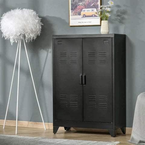 Rootz Sideboard - Filing Cabinet With Louvered Doors Wardrobe - Storage Cabinet - Industrial Metal Cabinet With 2 Adjustable Shelves - Living Room - Bedroom - Black - 75 x 33 x 110 cm