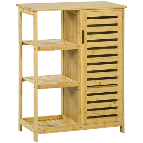 Rootz Bathroom Cabinet - 3 Shelves - Air Circulation - 1 Cabinet - Anti-tip Design - Slat Doors - Bamboo - Natural Wood - 66L x 33W x 87H cm