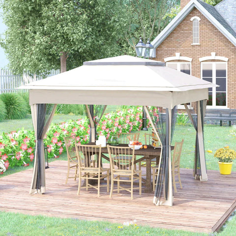 Rootz Gazebo - Folding Pavilion With Side Walls - Metal - Polyester - Mosquito Net - White - 3.25 x 3.25 x 2.65 m