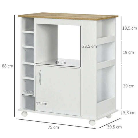 Rootz Kitchen Cabinet - 5 Shelves - Easy To Clean - 3 Side Compartments - Large Storage Solution - Chipboard - White + Natural - 75L x 39.5W x 88H cm