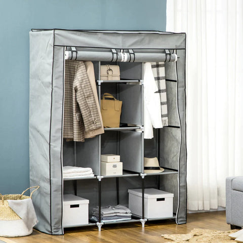 Rootz Storage Cabinets - Fabric Closet - Non-woven Fabric - Laundry Room - Storage Solution - 8 Shelves - 2 Clothes - Rails - Plastic - Light gray - 125L x 43W x 162.5H cm
