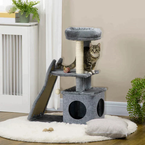Rootz Scratching Post - One House - Two Platforms - Toy Ball - Sisal - Grey+cream White - 60 x 30 x 83cm