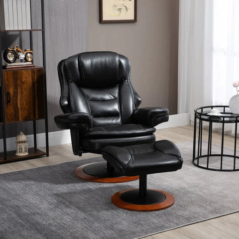 Rootz Relax Chair with Ottoman - Reclining Chair - 360° Rotating - Adjustable Backrest - Black + Brown - 94Lx98Wx104Hcm