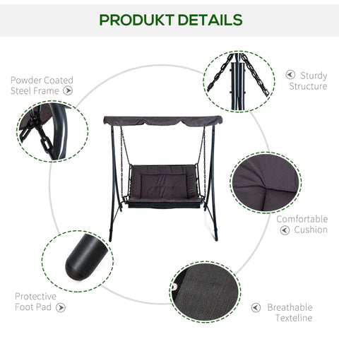 Rootz Swing Chair - Hammock Swing Chair - Swing Lounger - Garden Lounger - Lounger With Roof - Steel - Grey - 164 X 116 X 176cm