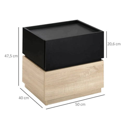 Rootz Bedside Table - Coffee Table With Drawer - Black + Natural - 50 cm x 4 cm x 47.5 cm