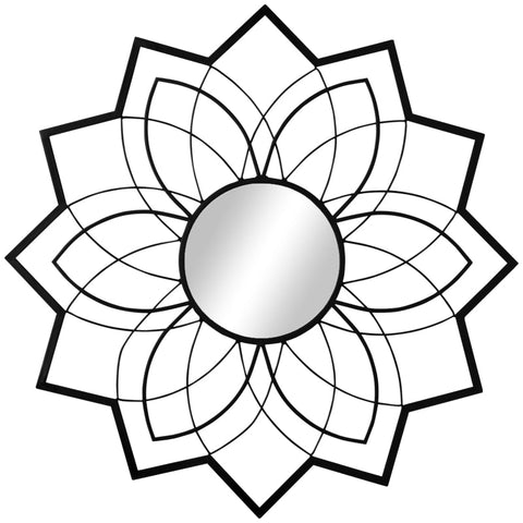 Rootz Round Mirror with Floral Patterns - Wall Mirror - Mirror Glass - Metal - MDF - Black - 79 cm x 79 cm x 0.4 cm