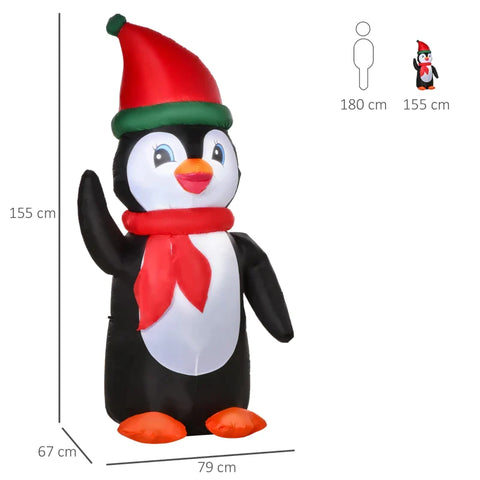 Rootz Inflatable Christmas Penguin - 1.6m Christmas Decoration with Lights - Christmas Illuminated - Party Decoration - Automatic - Inflation - Weatherproof - Polyester Fabric - Multicolored - 79 x 67 x 155cm