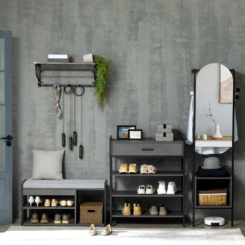 Rootz Wardrobe - Mirror - Shoe Compartment - 2 Coat Hooks - Top Shelf - Steel Frame - Black - 44 x 40 x 176 cm