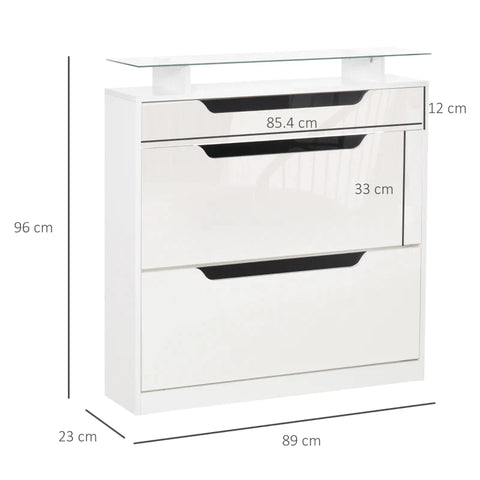 Rootz Shoe Cabinet - Three-drawer Shoe Cabinet - Shoe Rack - Tipping Bucket With Flap Door - Glass Top & Adjustable Shelf - White - 89 x 23 x 96 cm