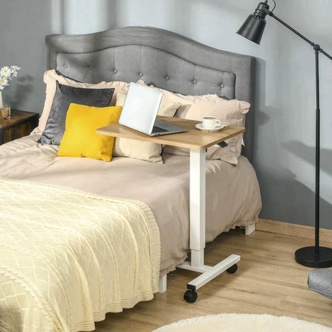 Rootz Sta Bureau - In Hoogte Verstelbaar - 4 Wielen - C-vorm - Naturel + Wit - 65 cm x 48 cm x 70-110 cm