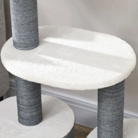 Rootz Scratching Post With 1 Cat Cave - 1 Cat Bed - 2 Platforms - Jute Rope Posts - Chipboard - Imitation Linen - White + Gray - 55.5L x 30.5W x 98H cm