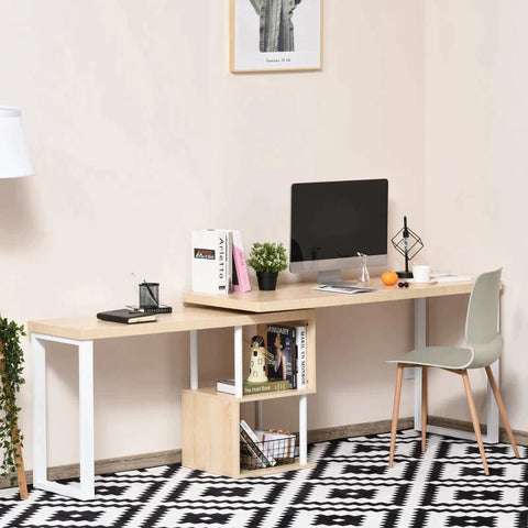 Rootz Corner Desk - Kitchen Table - L-shape Desk With Shelves - Corner Desk - Pc Table - Computer Desk - Office Table - White/Oak - 220 x 55 x 76 cm