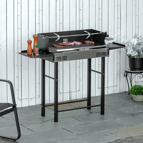 Rootz Charcoal Grill - Camping Grill with Grill Grate and Rotisserie Kit - Foldable Side Shelves - Camping - Garden - BBQ - Stainless Steel + Metal - Black - 118 x 32 x 90 cm