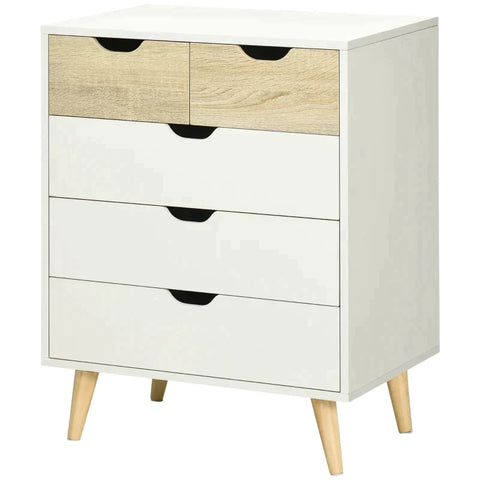 Rootz Chest Of Drawers - Cabinet - 5 Drawers - Anti-tilt - Modern Design - Pine Wood - White + Light Brown - 60 x 40 x 77.5 cm