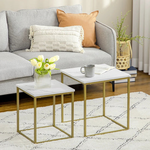 Rootz 2 Side Tables - Stackable Side Tables - Marble Look Table Top - Small Coffee Table - Wood Material - Gold + White - 45L x 45W x 50H cm