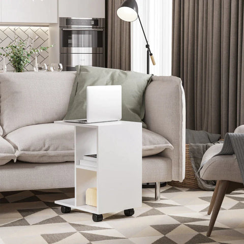 Rootz C Shape Side Table - Coffee Table - Stand Table - Corner Desk -Portable Sofa Table with Shelf - Wheels for Small Area - E1 Chipboard - White - 45 x 35 x 58 cm