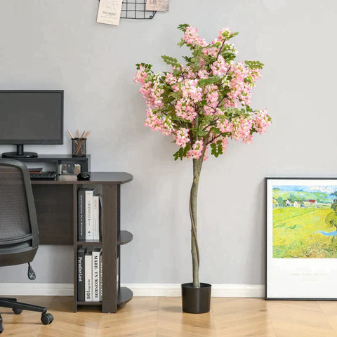 Rootz Artificial Plants - Artificial Sophora Plant - Flower Tree - Cotton-like Pleasure Ring - PE - Cement - Home - Office - Outdoor - Pink + Black - 17cm x 17cm x 150cm