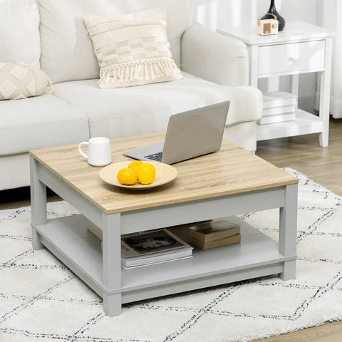 Rootz Coffee Table - Side Table - Square Table Slat - Lower Shelf - Wood Look - Chipboard - Gray - 80 x 80 x 42.5 cm