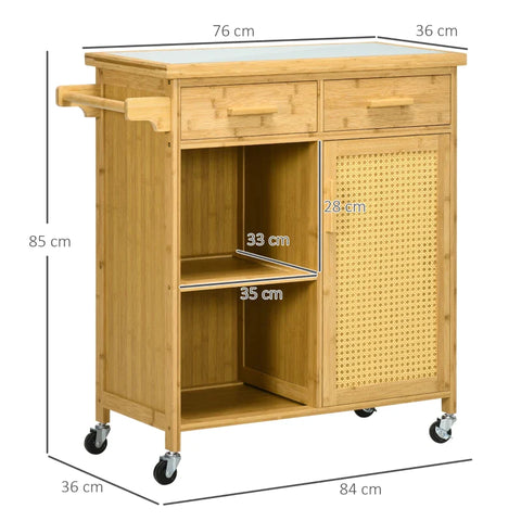 Rootz Bamboe Keukentrolley - Multifunctionele Trolley - Serveerwagen - 2 Laden - 1 Kast - 2 Planken - Naturel - 84L x 36B x 85H cm