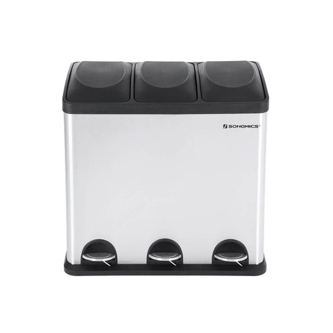 Rootz Trash Can - Waste Separator - 3 Separate Compartment Trash Can - Kitchen Trash Can - Trash Bin - Trash Container - Silver + Black - 60.5 x 56.5 x 34 cm (W x H x D)