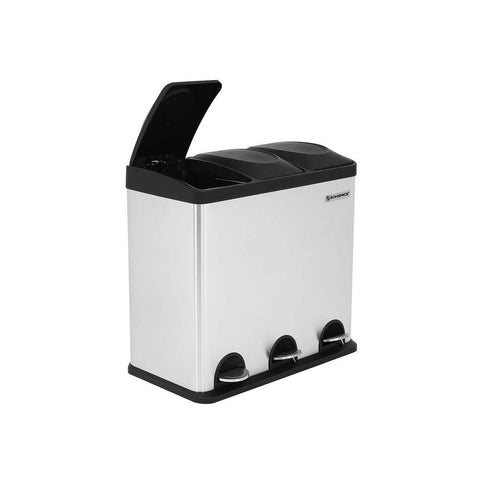 Rootz Trash Can - Waste Separator - 3 Separate Compartment Trash Can - Kitchen Trash Can - Trash Bin - Trash Container - Silver + Black - 60.5 x 56.5 x 34 cm (W x H x D)