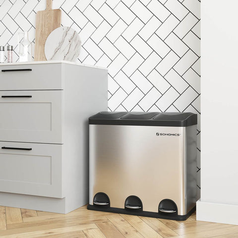Rootz Trash Can - Waste Separator - 3 Separate Compartment Trash Can - Kitchen Trash Can - Trash Bin - Trash Container - Silver + Black - 60.5 x 56.5 x 34 cm (W x H x D)