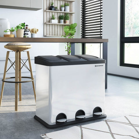Rootz Trash Can - Waste Separator - 3 Separate Compartment Trash Can - Kitchen Trash Can - Trash Bin - Trash Container - Silver + Black - 60.5 x 56.5 x 34 cm (W x H x D)