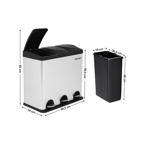 Rootz Trash Can - Waste Separator - 3 Separate Compartment Trash Can - Kitchen Trash Can - Trash Bin - Trash Container - Silver + Black - 60.5 x 56.5 x 34 cm (W x H x D)