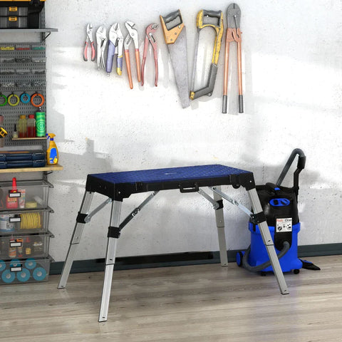 Rootz Workbench - 4-In-1 Design Workbench - Foldable Worktable - Scaffold Reversible Worktop - With Angle Marking Creeper And Trolley - Height Adjustable - Up To 125 Kg - Blue - 132 x 82.5 x 77.5 cm