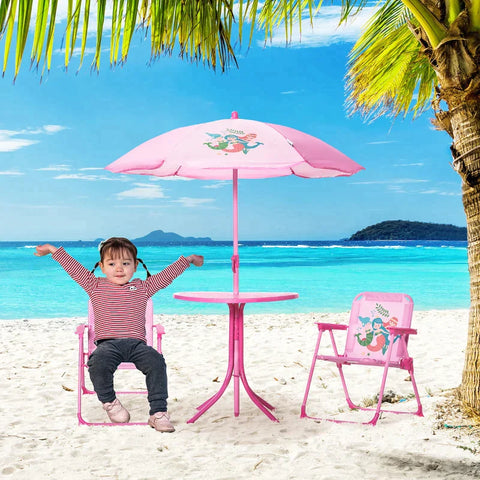 Rootz Garden Table Set For Children - Shark Design - Table - Chairs - Umbrella - Metal - Polyester - Pink - Ø49.5 x 50H cm