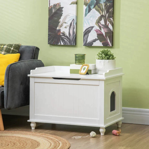 Rootz Litter Box - Cat Litter Box - Cupboard with Storage - Hinged Lid - White - 74 x 52 x 55cm