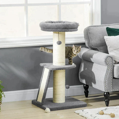 Rootz Scratching Post - One Platform - Hanging Play Ball - Sisal - Dark Grey + Cream White - 48 x 48 x 92cm