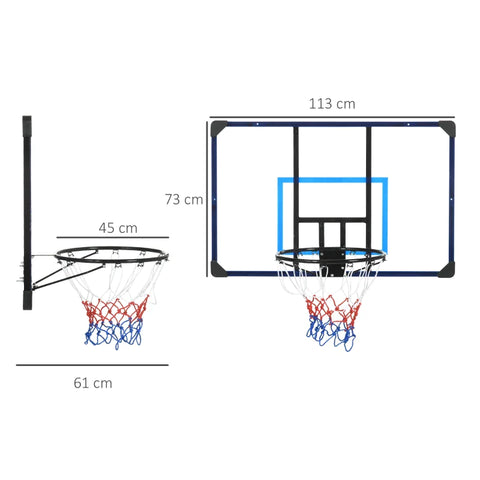Rootz Basketbalring - Basketbalstandaard - Universele Muurbevestiging - Scheurvast Net - Roestvrij Stalen Frame - Zwart + Blauw + Helder - 113 x 61 x 73 cm