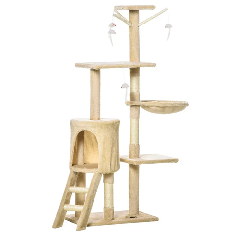 Rootz Scratching Post - Cat Tree - Cat Climbing Tree - Climbing Tree - Cat Scratching House - Cat Cave - 4 Toys - Beige + White - 50 x 35 x 134.2 cm