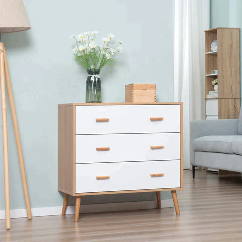 Rootz Chest Of Drawers - Storage Organizer Cabinet - With 3 Drawers - Chipboard - White + Nature - 80 cm x 39 cm x 80 cm