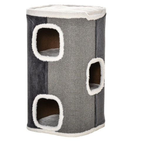Rootz Cat Scratch Barrel - Kattenkrabpaal - 3 niveaus Krabpaal - Klimboom voor katten - Kattenmeubels - Polyester - Grijs/Wit - 40 x 40 x 74 cm