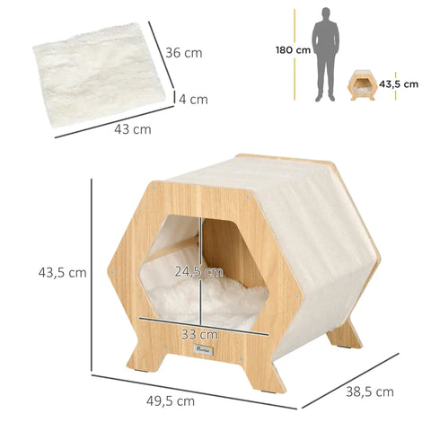 Rootz Cat Cave Including Washable Cushions - Modern Design - Natural + White + Beige - 49.5 cm x 38.5 cm x 43.5 cm