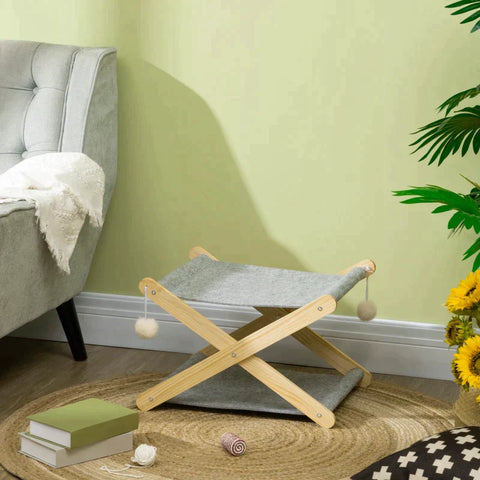 Rootz Cat Bed - Dog Bed - Pet Bed - With Ball Toy - Foldable - With Frame 2 Levels -  Pine Wood - Natural/Gray - 52 x 42 x 33.5 cm