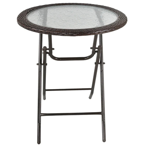 Rootz Garden Table - Folding Round - Tempered Glass - Table Top - Steel Frame - Rattan Decor - Brown - 68 x 68 x 73 cm
