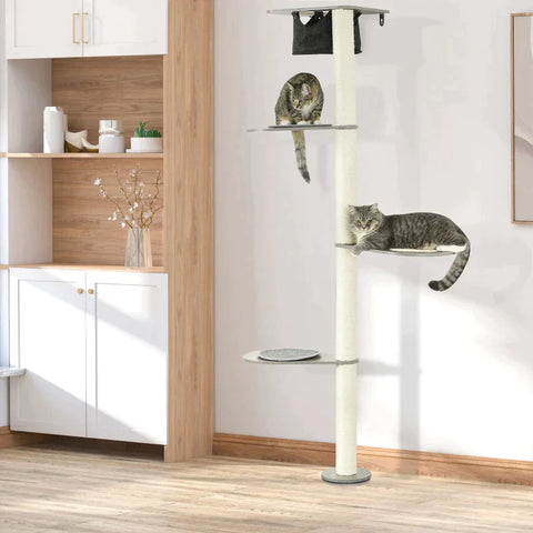 Rootz Scratching Post - with Hammock - 3 Tier Sisal Rope - Gray + Natural - 50cm x 34cm x 185cm