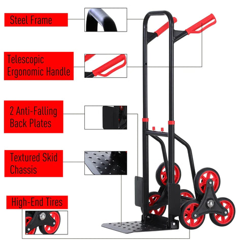 Rootz Steel Climbing Stairs Trolley - Steel Trolley - Hand Trucks - 6-wheeled Trolley - Foldable Hand Truck - Load Carrying Hand Truck  - Black & Red - 120kg
